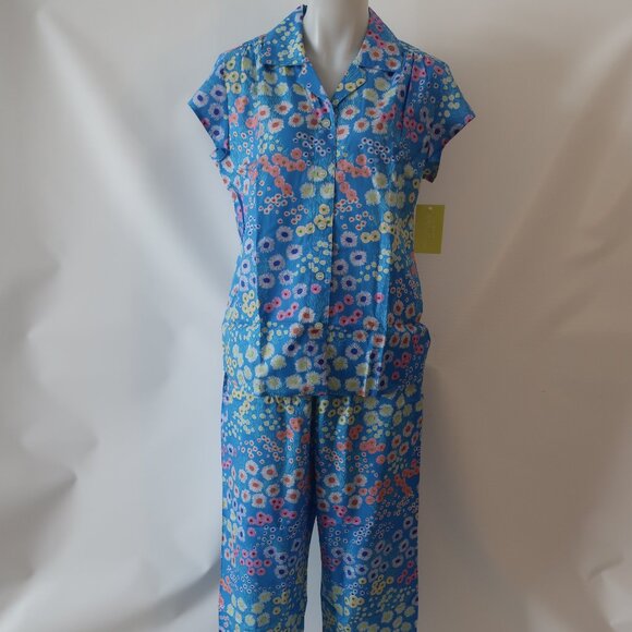 NWT Womens The Cat's Pajamas Cerulean Floral Blue Multi 2 Pc Set Top Bottom L - Picture 11 of 15